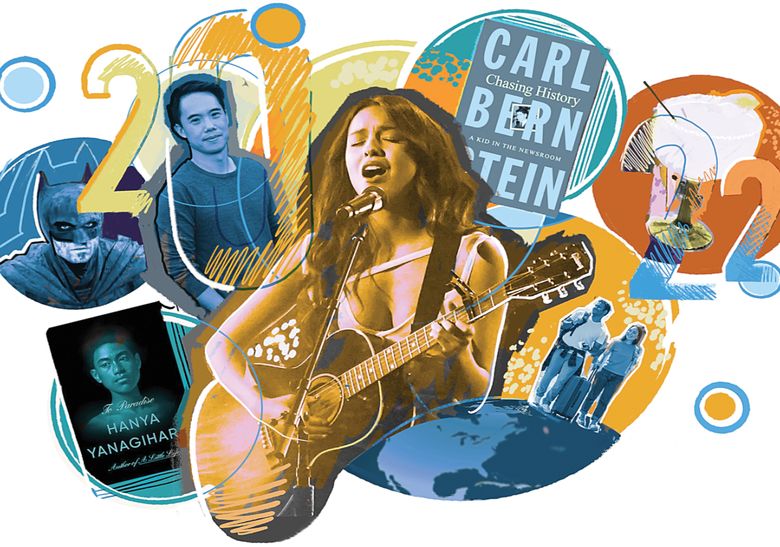 (Clockwise from top left: Charles Yu by Tina Chiou; Olivia Rodrigo by Chris Pizzello / Invision; “Chasing History: A Kid in the Newsroom” from MacMillan Publishers; travelers from Adobe Stock; margarita from Jackalope Tex-Mex & Cantina; “The Batman” from Warner Bros. Pictures; “To Paradise” from Penguin Random House; illustration by Gabriel Campanario / The Seattle Times)