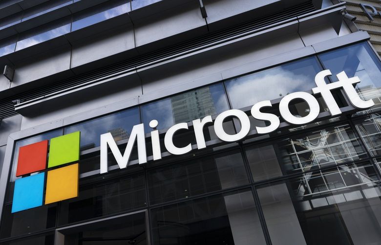 This May 6, 2021 photo shows a sign for Microsoft offices in New York.  Federal law enforcement agencies secretly seek the data of Microsoft customers thousands of times a year. That’s according to congressional testimony being given Wednesday, June 30,  by a senior executive at the technology company. (AP Photo/Mark Lennihan)