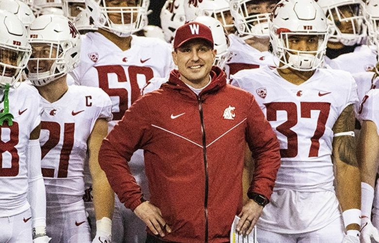 Jake Dickert gets ready to lead the Cougs into Husky Stadium for Friday’s Apple Cup game.
.
The Washington State Cougars played the Washington Huskies in Pac-12 football Friday, Nov 26, 2021, in the annual Apple Cup game from Husky Stadium, in Seattle, WA. 218875