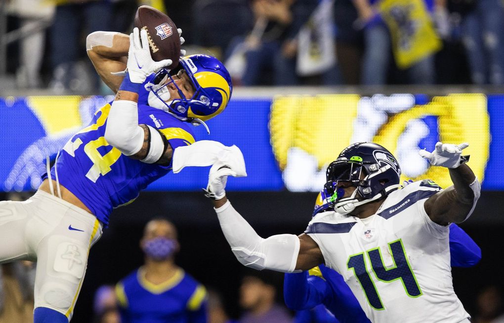 Los Angeles Rams cornerback Jalen Ramsey (5) defends against Seattle  Seahawks wide receiver DK Metcalf (14)