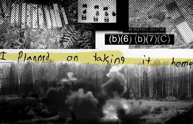 A photo illustration combining a defendantâ€™s written statement in the case of explosives he stole from Camp Lejeune, North Carolina, evidence photos of fragmentation grenades, evidence photos of C4 explosives, document exemption blocks, and a screen capture of an explosion from a generic demolition exercise video.  (AP Illustration)