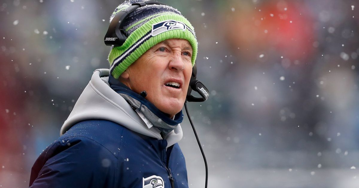 Head coach Pete Carroll of the Seattle Seahawks reacts after a