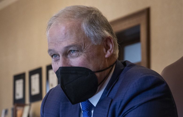 Washington State Governor Jay Inslee speaks about the latest round of covid/government mandates in his office at the state capitol in Olympia Wednesday, November 3, 2021.

 218696