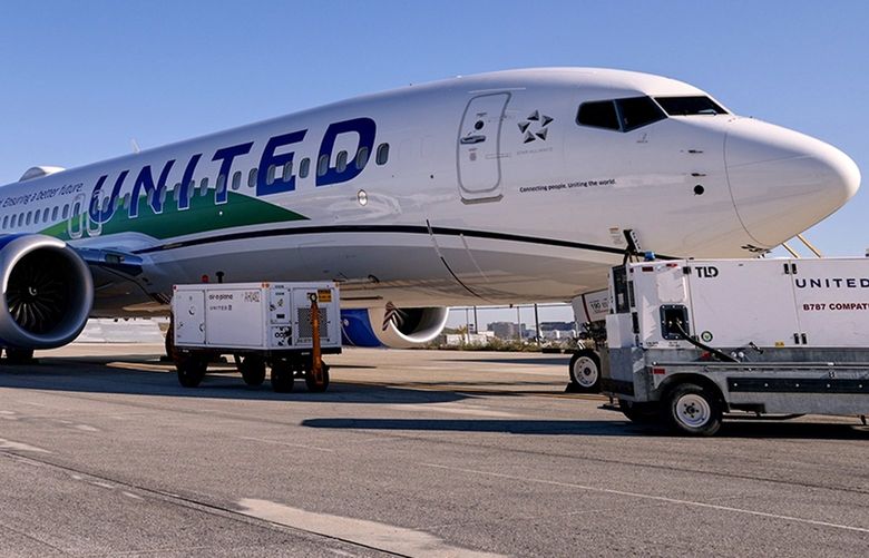On Dec. 1, 2021, this United Airlines 737 Max 8 became the first commercial airliner to use biofuel as the sole fuel for one of its engines. (United Airlines/TNS) 36197804W 36197804W