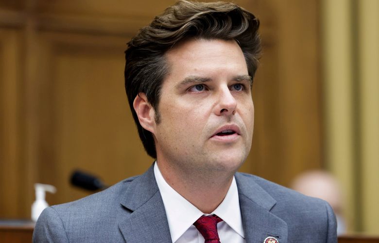 FILE — Rep. Matt Gaetz (R-Fla.) speaks during a hearing of the House Judiciary Subcommittee on antitrust, in Washington, on Wednesday, July 29, 2020. The Justice Department is investigating whether Gaetz, the prominent young Republican and Trump ally, broke federal sex trafficking laws. (Graeme Jennings/Pool via The New York Times) — FOR EDITORIAL USE ONLY — XNYT10 XNYT10