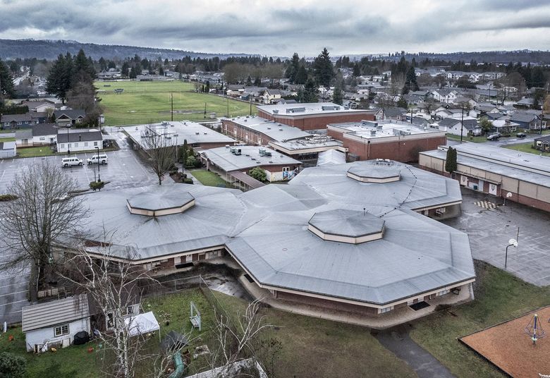 Environmental hazards, including PCBs, were repeatedly found at Sky Valley Education Center’s campus in Monroe. Some of the highest levels were found in classrooms, including Michelle Leahy’s room, housed in circular pods. The school is still open. (Steve Ringman / The Seattle Times)