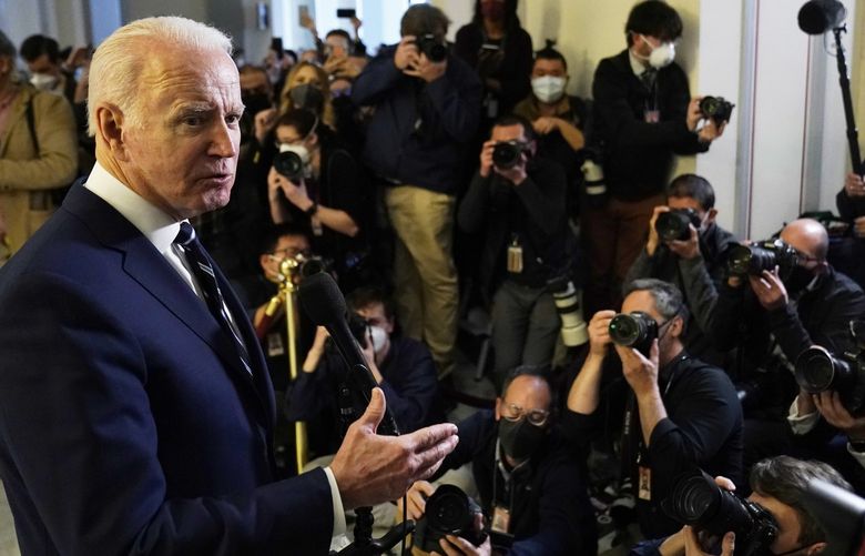 President Joe Biden speaks to the media after meeting privately with Senate Democrats, Thursday, Jan. 13, 2022, on Capitol Hill in Washington. (AP Photo/Andrew Harnik) DCAH222 DCAH222