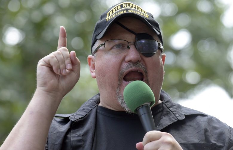 FILE – In this Sunday, June 25, 2017 file photo, Stewart Rhodes, founder of the citizen militia group known as the Oath Keepers speaks during a rally outside the White House in Washington. Rhodes has been arrested and charged with seditious conspiracy in the Jan. 6 attack on the U.S. Capitol. The Justice Department announced the charges against Rhodes on Thursday.  (AP Photo/Susan Walsh, File) WX108 WX108