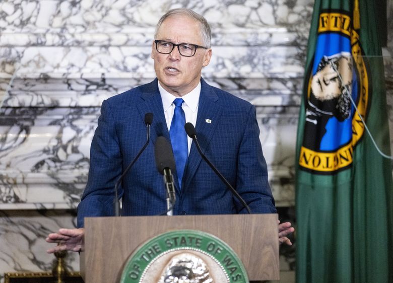 Washington Gov. Jay Inslee, delivering his State of the State address on Tuesday, has proposed jailing any local or state elected official or candidate who makes false statements about the Washington state election system or past local election results. (Amanda Snyder / The Seattle Times)
