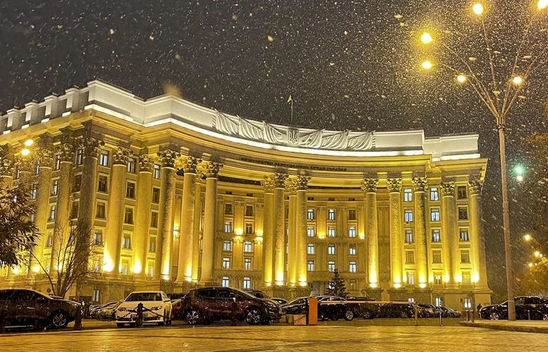 In this undated handout photo released by Ukrainian Foreign Ministry Press Service, the building of Ukrainian Foreign Ministry is seen during snowfall in Kyiv, Ukraine. Ukrainian officials and media reports say a number of government websites in Ukraine are down after a massive hacking attack. While it is not immediately clear who was behind the attacks, they come amid heightened tensions with Russia and after talks between Moscow and the West failed to yield any significant progress this week. (Ukrainian Foreign Ministry Press Service via AP) XAZ122 XAZ122