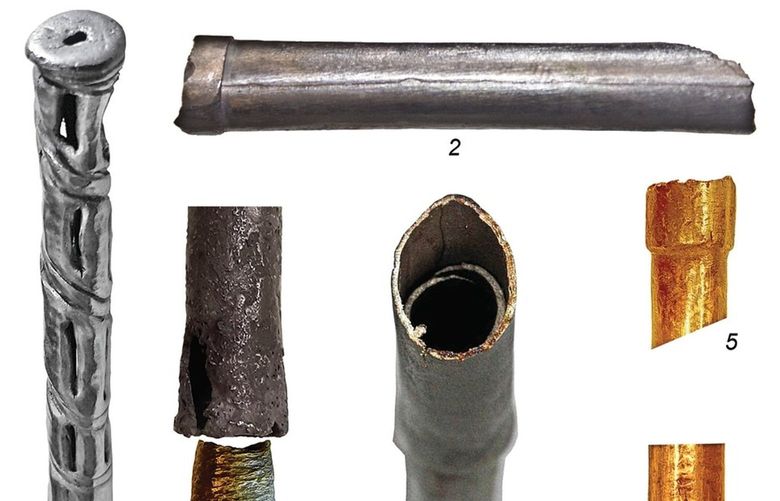 The design of the components from the Maykop tubes: 1. one of eight silver perforated tips; 2. joint between two segments of the silver tube, and longitudinal seam; 3-5. types of fittings; 6. probable soldered longitudinal. MUST CREDIT: Photo courtesy of V Trifonov/Antiquity