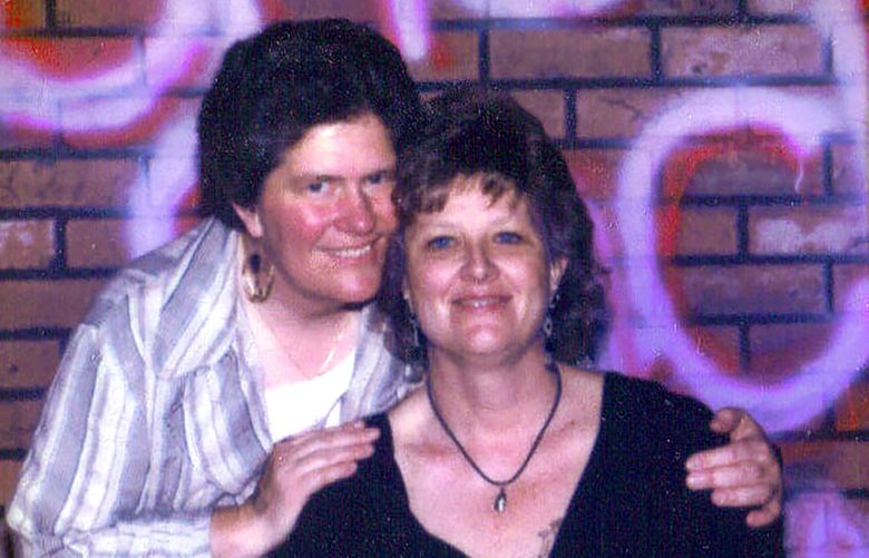 THEN1: On June 1, 1995, Debra and Jaci pose for a photo at “The Prom You Never Went To,” an annual celebration for the gay and lesbian community held at the old Mountaineers club on lower Queen Anne. Credit: Courtesy Jaci Oseguera and Debra Willendorf