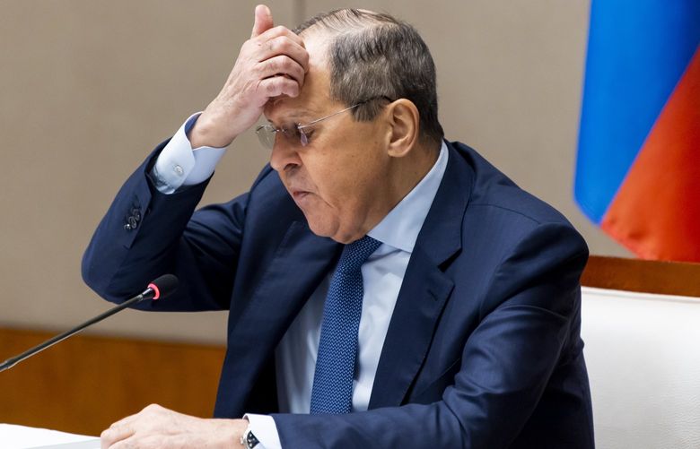Russian Foreign Minister Sergei Lavrov speaks during a press conference following talks with United States Secretary of State Antony Blinken in Geneva, Switzerland, Friday, Jan. 21, 2022. (Jean-Christophe Bott/Keystone via AP) KEY840 KEY840