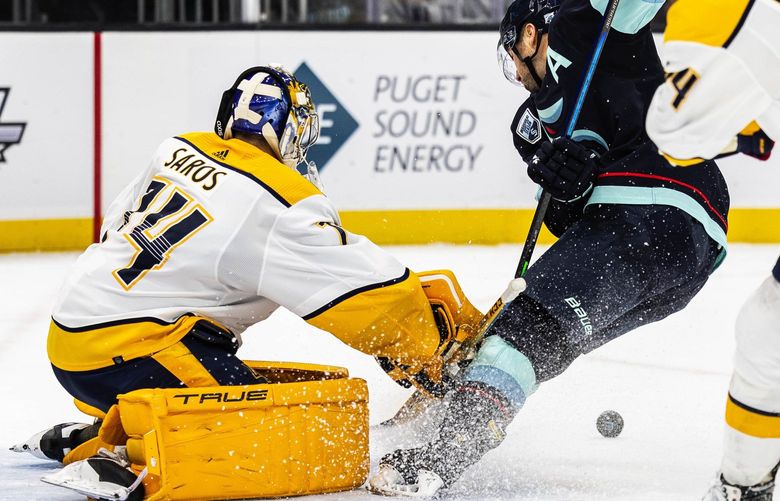 Nashville goalie Juuse Saros denies the shot attempt by Seattle’s Jordan Eberle in teh 3rd period.
The Nashville Predators played the Seattle Kraken Tuesday, January 25, 2022 at Climate Pledge Arena in Seattle, WA. 219277