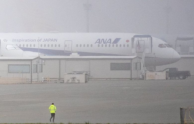 A Boeing 787 awaiting delivery is seen Tuesday, Jan. 25, 2022 in Everett at a foggy Paine Field. 14624158