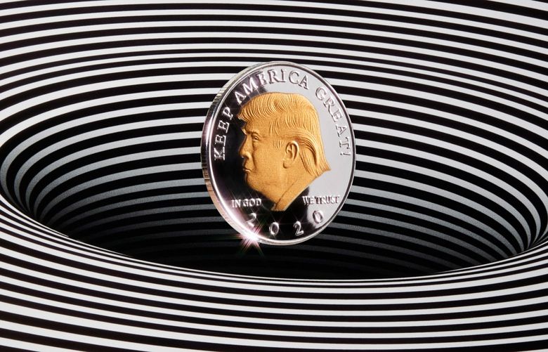 The “Trump coin,” a favorite of right-wing social media and fringe news sites, has become something of an internet mystery. It’s not obvious who’s promoting it or profiting from it. (David Brandon Geeting/The New York Times) – FOR EDITORIAL USE ONLY WITH NYT STORY SLUGGED TRUMP COIN MYSTERY BY STUART A. THOMPSON FOR JAN. 30, 2022. ALL OTHER USE PROHIBITED –