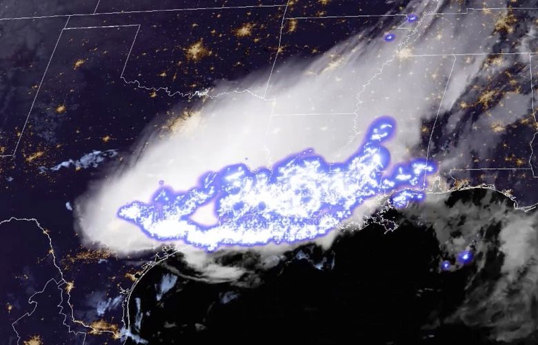 This satellite image provided by the National Oceanic and Atmospheric Administration shows a thunderstorm complex which was found to contain the longest single flash that covered a horizontal distance on record, at around 768 kilometers (477 miles) across parts of the southern United States on April 29, 2020. Two stormy parts of the Americas set records for longest lightning flashes back in 2020, the World Meteorological Organization said Monday, Jan. 31, 2022. (NOAA via AP) NY318 NY318