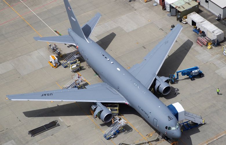 The Air Force KC-46 Pegasus is a refueling tanker, built on a Boeing 767 frame. This tanker is seen at Paine Field in Everett. 

Photographed on June 19, 2019. 210631