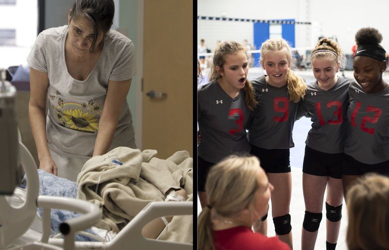 LEFT: Gabriela Hernandez leans over her daughter, Kimberly, who is being treated for covid-19 and an autoimmune disease at Texas Children’s Hospital in Houston. MUST CREDIT: Washington Post photo by Drea Cornejo. RIGHT: Kamryn Thompson, second from right, huddles with El Campo Impact teammates before a youth volleyball tournament on Jan. 15. MUST CREDIT: Photo for The Washington Post by Mark Felix