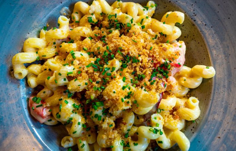 The lobster macaroni and cheese at Crockett’s is loaded with lobster meat, five cheeses and breadcrumbs on top.