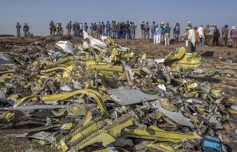 FILE – In this March 11, 2019, file photo, wreckage is piled at the crash scene of Ethiopian Airlines flight ET302 near Bishoftu, Ethiopia. The year since the crash of an Ethiopian Airlines Boeing 737 Max has been a journey through grief, anger and determination for the families of those who died, as well as having far-reaching consequences for the aeronautics industry as it brought about the grounding of all Boeing 737 Max 8 and 9 jets, which remain out of service. (AP Photo/Mulugeta Ayene, File) NAI102
