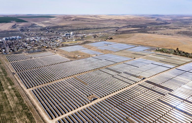 Friday, April 2, 2021. The Adams Nielson Solar Farm sits next to the town of Lind in central Washington State. Called the Adams Nielson Solar Farm, it produces 28 megawatts of electricity from it’s 200 acres of solar panels, enough to prower 4,000 homes. 216802