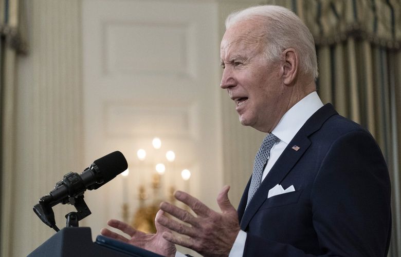 President Joe Biden speaks about the 2021 jobs report in the State Dining Room of the White House, Friday, Jan. 7, 2022, in Washington. (AP Photo/Alex Brandon) DCAB104 DCAB104
