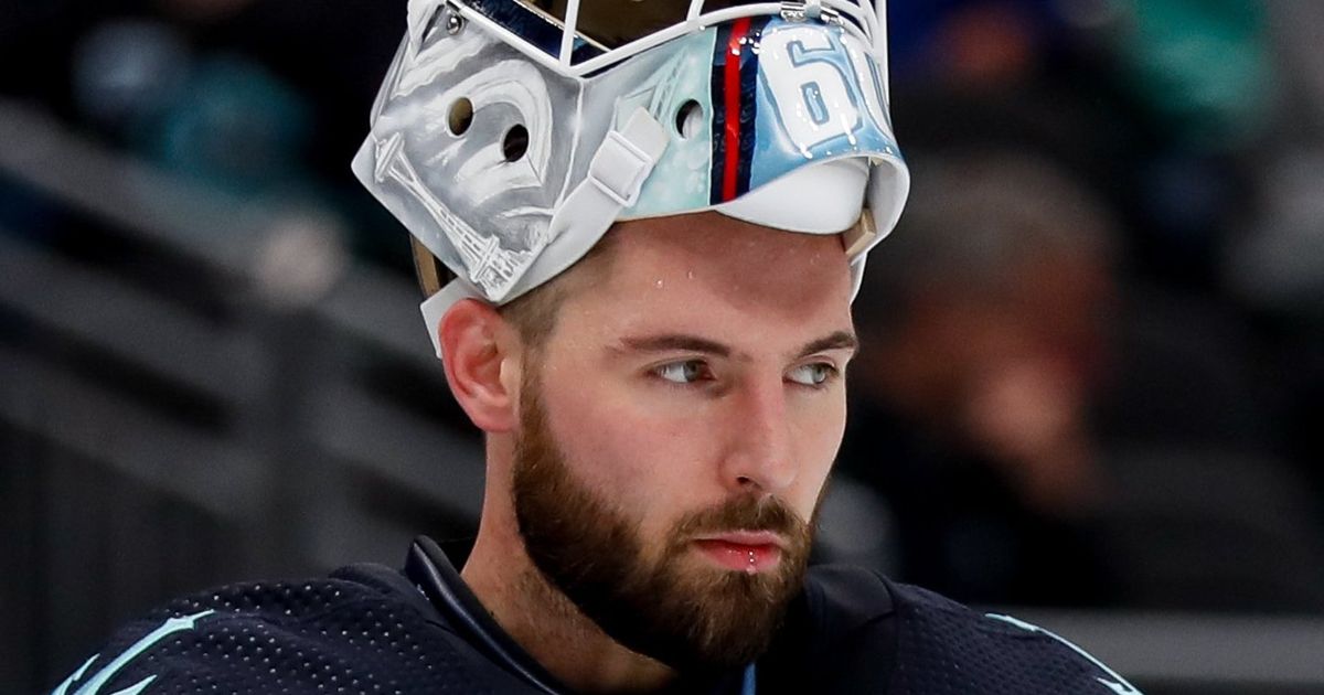 Seattle Kraken goaltender Chris Driedger (60) looks on during the first  period of an NHL hockey game against the Washington Capitals, Saturday,  March 5, 2022, in Washington. (AP Photo/Nick Wass Stock Photo - Alamy