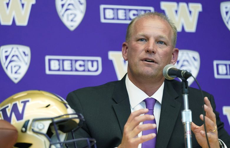 Kalen DeBoer speaks during a news conference, Tuesday, Nov. 30, 2021, in Seattle to introduce him as the new head NCAA college football coach at the University of Washington. DeBoer has spent the past two seasons as head football coach at Fresno State. (AP Photo/Ted S. Warren)