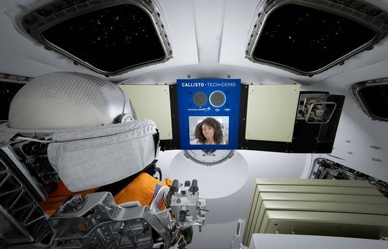 Lockheed Martin’s Orion spacecraft will be outfitted with Amazon’s Alexa and screens that display Webex by Cisco, a communications platform like Zoom. The communication package is known as Callisto. (Illustration courtesy of Lockheed Martin)