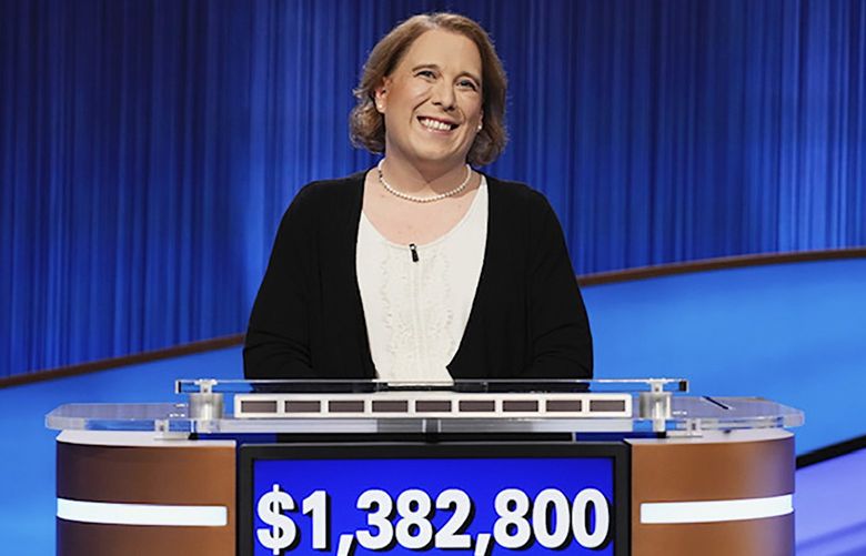 This image released by Sony Pictures Television shows contestant Amy Schneider on the set of “Jeopardy!” After 40 games, Schneider’s winning streak has ended. (Casey Durkin/Sony Pictures Television via AP) NYET350 NYET350