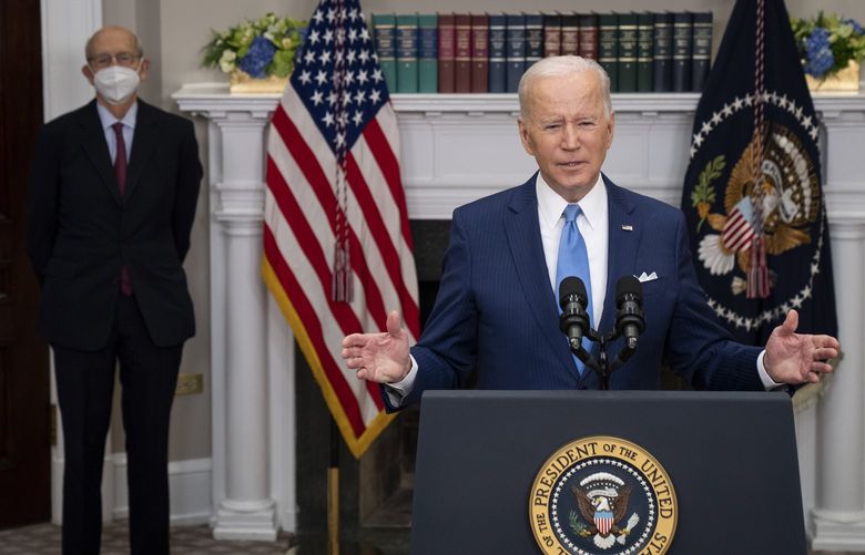President Joe Biden speaks about the upcoming retirement of Justice Stephen Breyer, left, in the Roosevelt Room of the White House in Washington, Jan. 27, 2022. With Democrats clinging to narrow control of the Senate, the president wanted the court’s oldest justice to retire on his own time. A chorus of liberals warned him not to take that chance. (Sarahbeth Maney/The New York Times) XNYT92 XNYT92