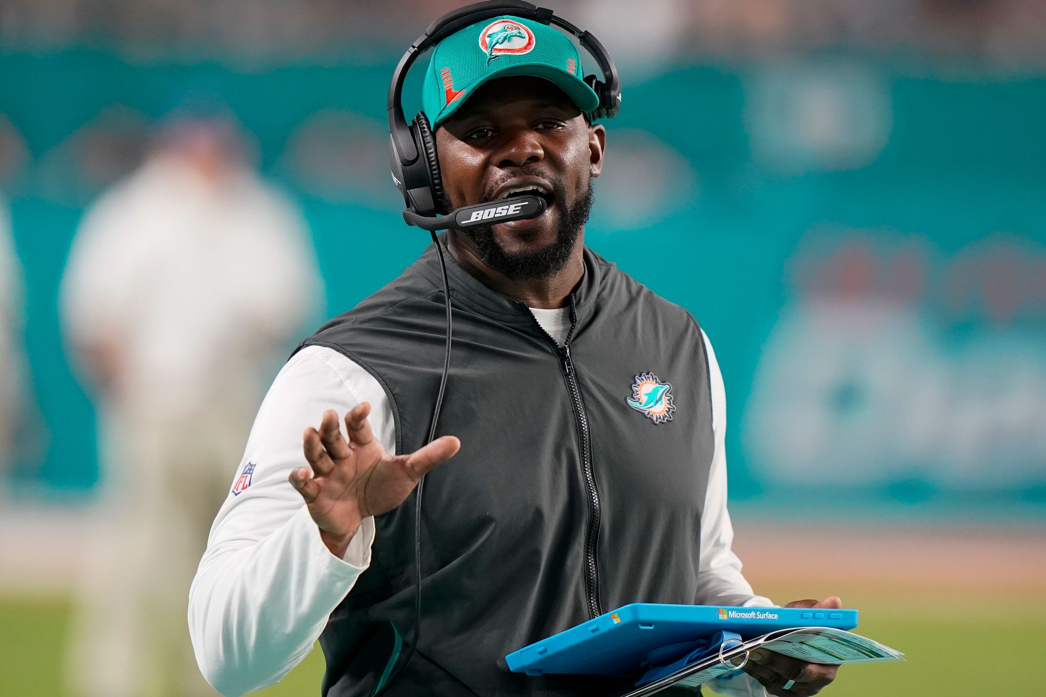 Miami Dolphins head coach Brian Flores attends a news conference