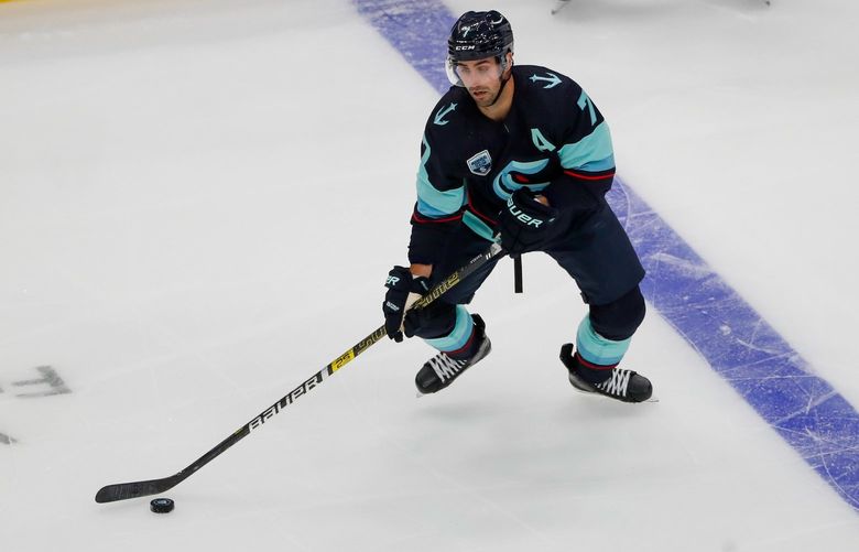 Climate Pledge Arena – Seattle Kraken vs. Vancouver Canucks- 102321
Seattle Kraken right wing Jordan Eberle handles the puck during the first period Saturday Oct. 23, 2021, in Seattle. 218520