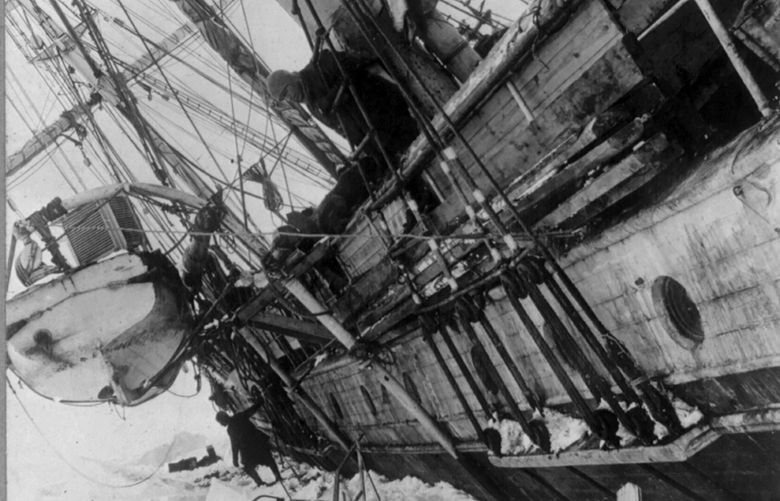 Ernest Shackleton’s ship, Endurance, propped up by wooden planks as it was trapped in ice in the Weddell Sea in 1915. A century after the ship sank in the waters of Antarctica, resulting in one of the greatest survival stories in the history of exploration, a team of modern adventurers, technicians and scientists is setting sail to find the wreck. (Library of Congress via The New York Times) – EDITORIAL USE ONLY  –