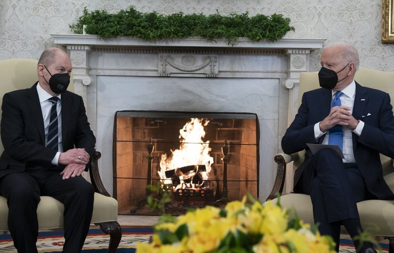 President Joe Biden speaks during a meeting with German Chancellor Olaf Scholz in the Oval Office of the White House, Monday, Feb. 7, 2022, in Washington. (AP Photo/Alex Brandon) DCAB104 DCAB104