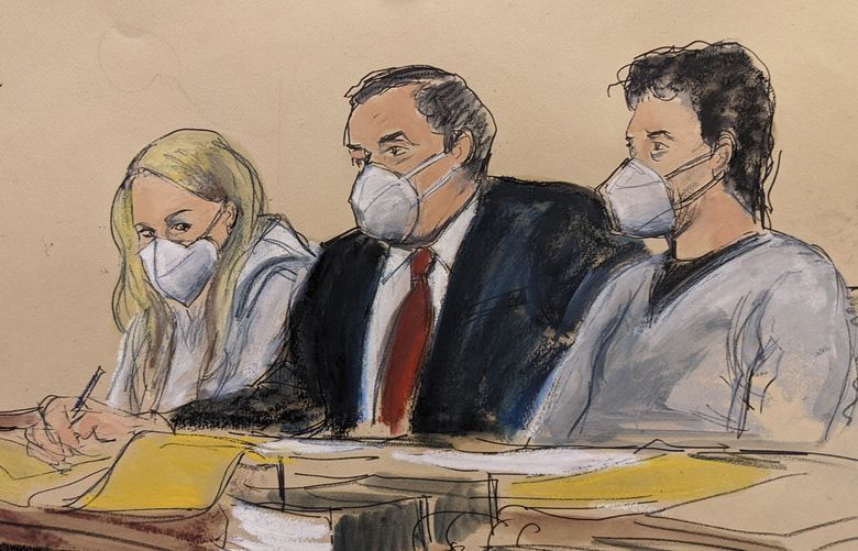 In this courtroom sketch, attorney Sam Enzer, center, sits between Heather Morgan, left, and her husband, Ilya “Dutch” Lichtenstein, in federal court, Tuesday, Feb. 8, 2022, in New York. The couple are accused of conspiring to launder billions of dollars in cryptocurrency stolen from the 2016 hack of a virtual currency exchange. (AP Photo/Elizabeth Williams) BMNY103 BMNY103