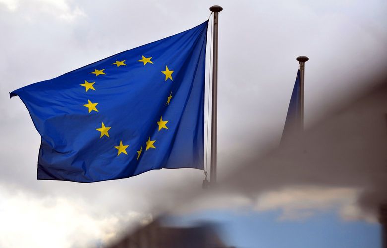 A European Union flag flies in Brussels on Oct. 7, 2020. MUST CREDIT: Bloomberg photo by Geert Vanden Wijngaert.