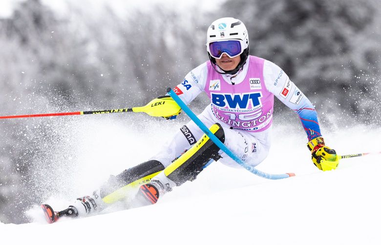 Katie Hensien of the United States skis the first run of the Women’s Slalom during the Audi FIS Ski World Cup on November 28, 2021 in Killington, Vermont.