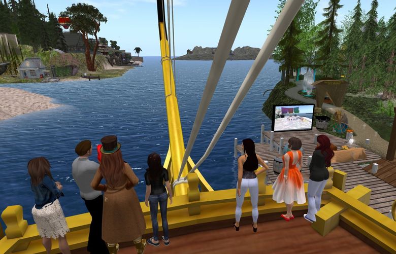 Renne Emiko Brock and her Peninsula College students call themselves “neo steampunk pirates”—a nod to creativity and the college manscot, the pirate. Here, they set sail on a storytelling adventure in Second Life. Credit: Courtesy Renne Emiko Brock