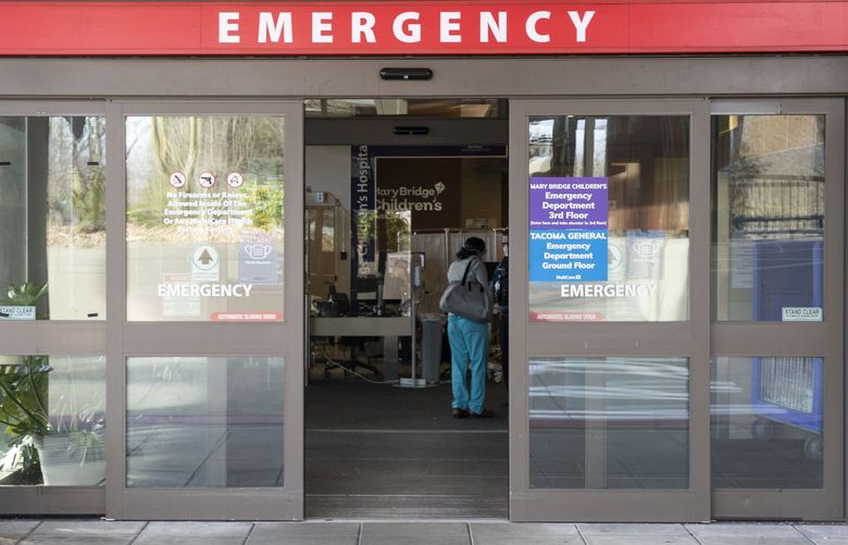 The entrance to the emergency room at Mary Bridge Children’s Hospital in Tacoma on Wednesday, Feb. 9, 2022.