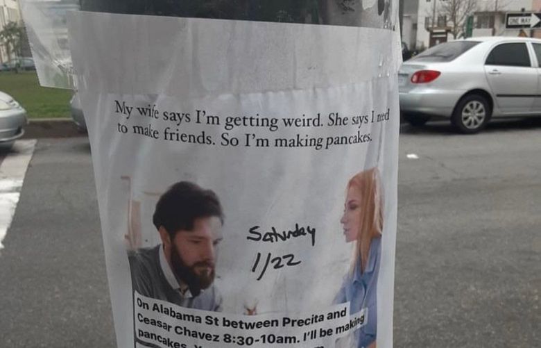 One of the fliers Kimball posted around his Bernal Heights neighborhood in San Francisco, inviting people in the community to the first pancake party on Jan. 22. MUST CREDIT: Courtesy of Curtis Kimball