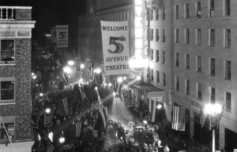 THEN: As seen from room 502 of the nearly 2-year-old Olympic Hotel, a Sept. 24, 1926, crowd rivaling Seattleâ€™s Armistice Day outpouring in 1918 greets the opening of the Fifth Avenue Theatre. Credit: Webster & Stevens, Museum of History and Industry