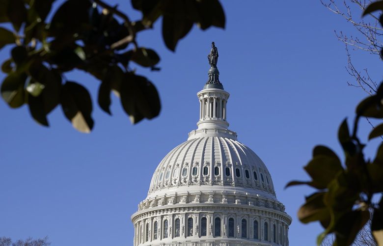 Sunlight shines on the U.S. Capitol dome on Capitol Hill in Washington, Monday, Feb. 21, 2022. (AP Photo/Patrick Semansky) DCPS108 DCPS108
