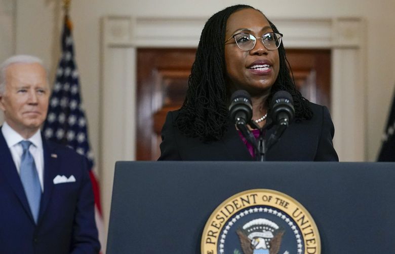 Judge Ketanji Brown Jackson speaks after President Joe Biden announced Jackson as his nominee to the Supreme Court in the Cross Hall of the White House, Friday, Feb. 25, 2022, in Washington. (AP Photo/Carolyn Kaster) DCCK515 DCCK515