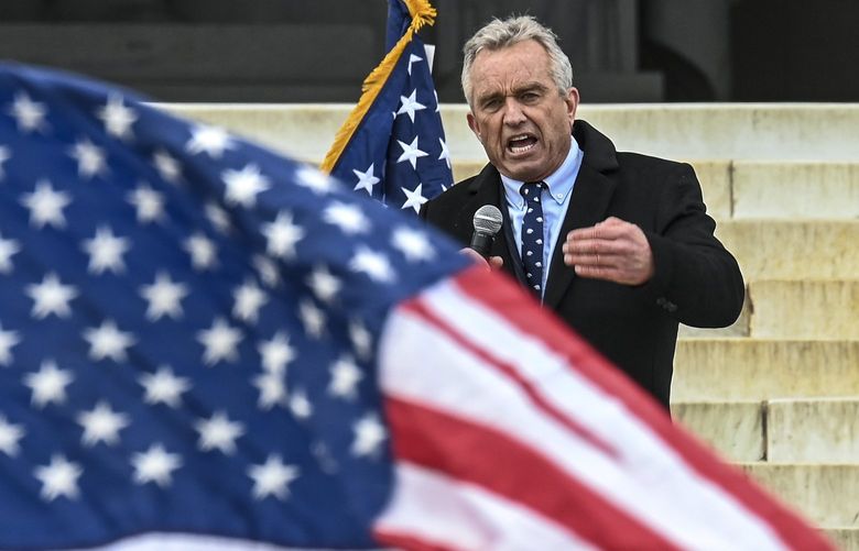 FILE — Robert F. Kennedy Jr. speaks during a protest against vaccinations and mask mandates in Washington, Jan. 23, 2022. Five of Kennedy’s eight surviving siblings have publicly rebuked him over the past two years for his campaign against vaccines. (Kenny Holston/The New York Times) XNYT61 XNYT61