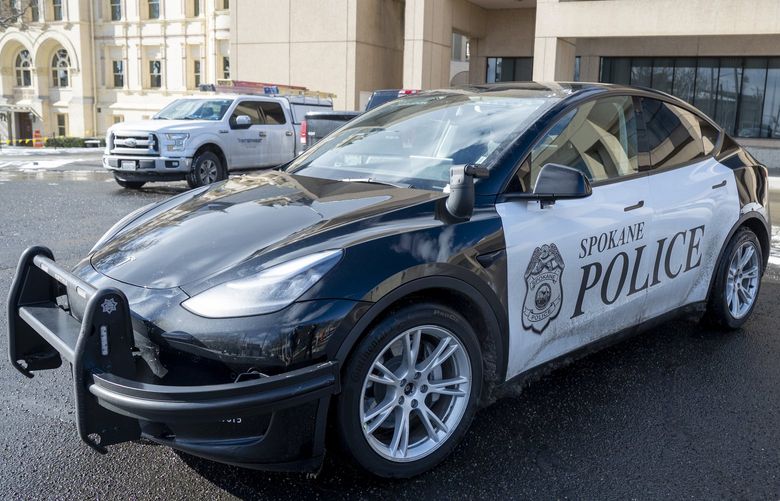 The police version of the Tesla sedan is currently being tested by the police department in Spokane, Washington. Photographed Thursday, Feb. 24, 2022.