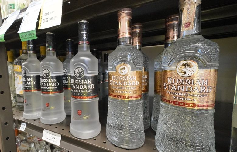 This is a display of Russian Standard Vodka in a Total Wine and More store in University Park, Fla., on Sunday, Feb. 27, 2022. (AP Photo/Gene J. Puskar) FLGP FLGP