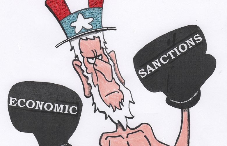 This artwork by Michael Osbun refers to the U.S. imposing economic sanctions on Russia.
