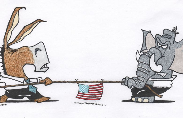 This artwork by Michael Osbun refers to the tug of war between Democrats and Republicans.